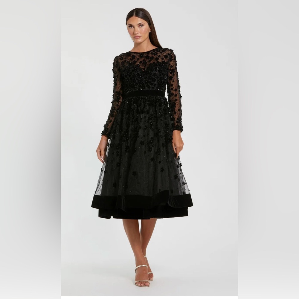Black Floral Embellished Illusion High Neck Long Sleeve Fit & Flare Dress